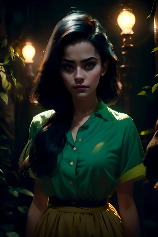 cinematographic film still of dramatic, cinematographic, Sombra, partially covered in Sombra, a woman with pelo largo and a green camisa Rembrandt Lighting Style, 1 chica, solo, pelo largo, mirando al espectador, camisa, pelo negro, boca cerrada, parte superior del cuerpo, cuernos, ojos negros, labios, retrato, realista, green camisa, horror (tema), poca profundidad de campo, viñeta, Muy detallado, alto presupuesto, bokeh, cinemascope, Malhumorado, epic, gorgeous, film grain, granoso