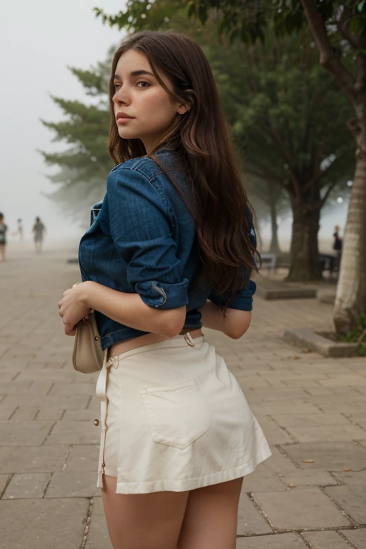 girl standing on a foggy pavement while holding her purse, in the style of yigal ozeri, video, beach portraits, kaethe butcher, close up, michael malm, soft hues,