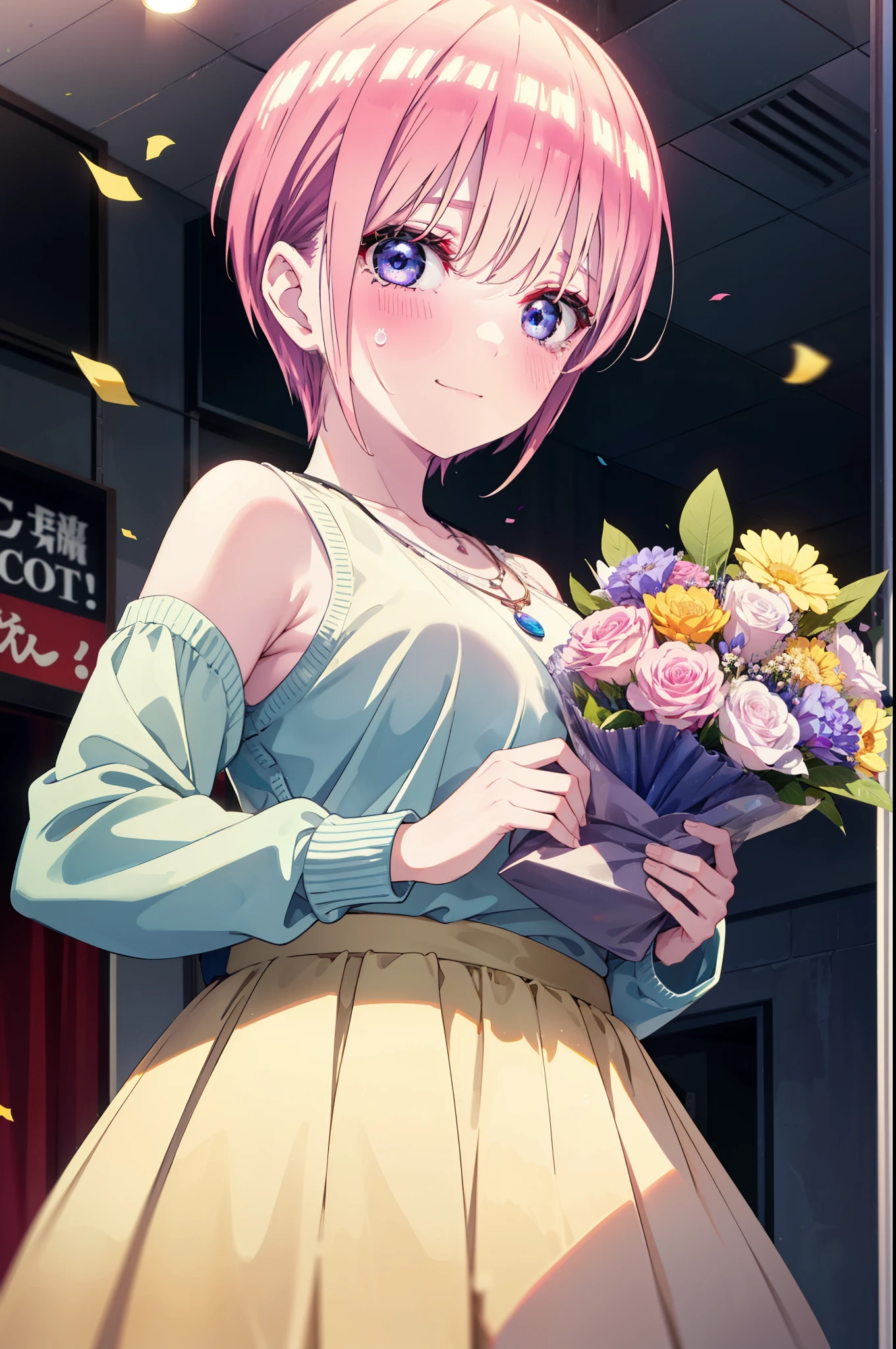 ichikanakano, ichika nakano, short hair, bangs, blue eyes, Hair between the eyes, smile,Pink Hair,,smile,blush,白色Sleevelessドレス,Long skirt,White stick mm,ðrŕ⁴Heel,Sleeveless,naked,nakedの腕,nakedの首,nakedの鎖骨,holding a large bouquet of flowers in each hand,Locket Necklace,Confetti,There is a birthday cake on the table,Tears stream down her face,Sad and crying,I cry a lot,As if your whole body is in the illustration,
break indoors, on stage,venue,
break looking at viewer, (Cowboy Shot:1.5),
break (masterpiece:1.2), highest quality, High resolution, unity 8k wallpaper, (shape:0.8), (Beautiful details:1.6), Highly detailed face, Perfect lighting, Extremely detailed CG, (Perfect hands, Perfect Anatomy),