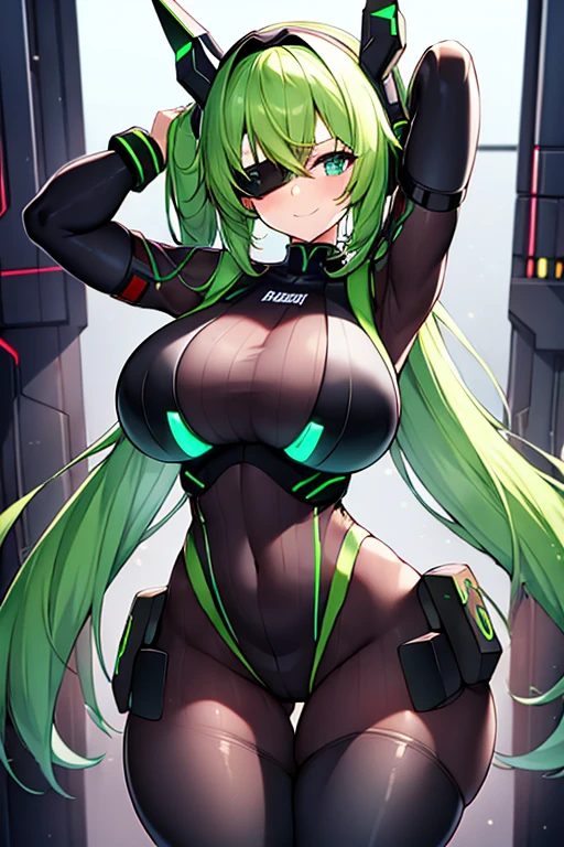 1girl, green hair, vr visors, visors, head-mounted display, covered eyes, bodysuit, black bodysuit, science-fiction, machinery, futuristic, tech, neon, neon trim, large breasts, thick thighs, swaying hips, hip sway, sway, arms behind back, arms up, smile,