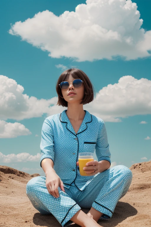 A photo of an eccentric woman sitting on top of white fluffy clouds wearing big sunglasses and light blue pajamas with yellow polka dots, she has short dark hair in a bob cut, the background is babyblue sky with white cloud formations, shot by Jimmy Marble, muted earthy colors, soft tones,