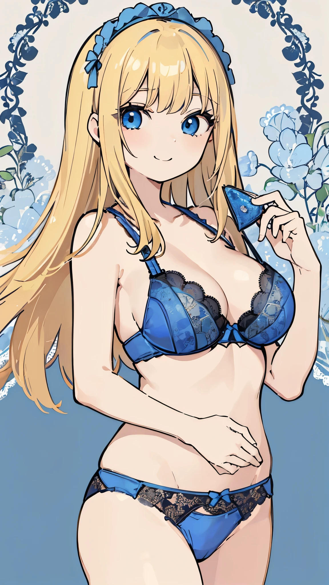 ((masterpiece、highest quality、Super detailed))、One girl、Blonde、Long Hair、Blue eyes、smile、Large Breasts、((blue lace bra))、((blue lace panties))、Cowboy Shot、(Simple Background:0.3), (Round eyes:0.7)
