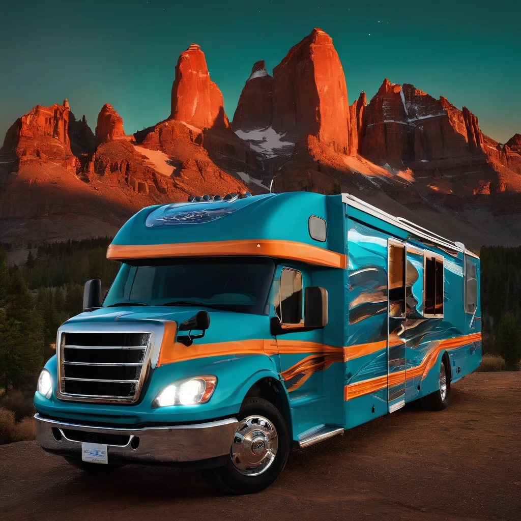 Etched Glowing Crystallized Diamonds bordereffect, firefox contoured flames, Full-length Exterior View, Intricately designed 60ft $250,000 LUXURIOUS Motorhome, Masterpiece, bilineareffects, gradient glow diamond effect, the chrome grille featuring an illuminated "1-DC" logo adding a distinctive touch, a custom paint job with vibrant neon colors and wildlife imagery, such as wolves, bears, and eagles, the exterior showcases the sculpted animal figures and airbrushed mountain scenery, Full-length neon lighting system on the exterior highlighting the intricate wildlife designs, mandalaeffect, mosaictiles, posteredges, nightvision, **MAGNIFICENT**, Bevelborder, (ethereal fantasy concept art) . painterly, epic, majestic, magical, fantasy art, cover art, dreamy, best quality, woodcut, intricate complexity, tunnelize, slanted, stained glass