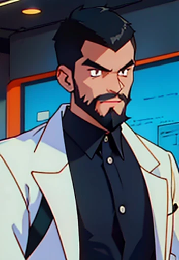 Human Male Adult  , wearing Scientist  Coat  , Black haircut, Beard , Black pupils 