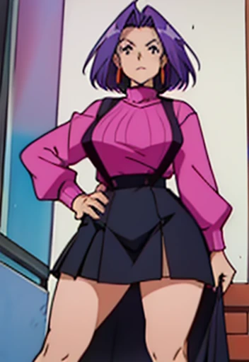 ((Human female Elder ager)), solo , purple hair , manga Style ,big wide hips , wearing skirt , Sweater ,