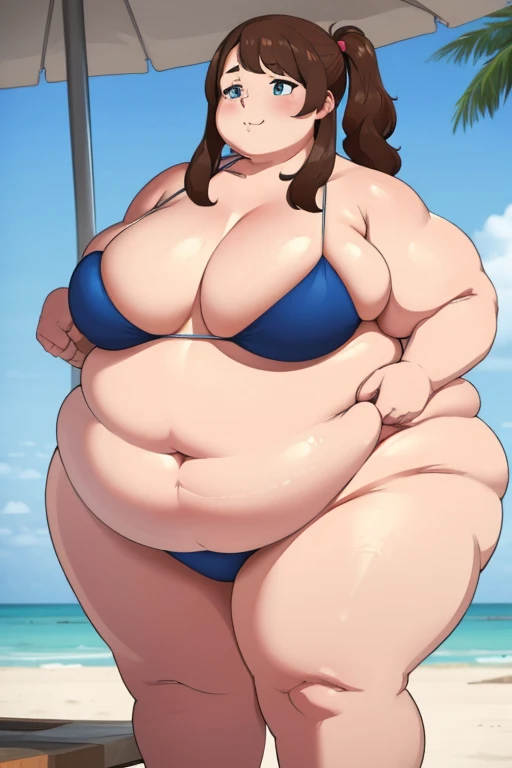 brownhaired, ssbbw, 400kg, ultra fat girl, she stuffing more fastfood, too small bikini, beach