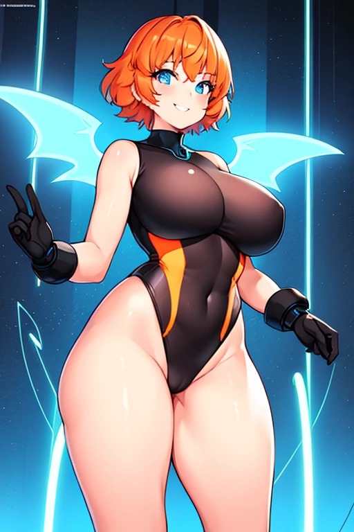 1girl, large breasts, breasts, bare legs, thick thighs, short hair, orange hair, leotard, very short hair, black leotard, orange trim, neon trim, neon lights, neon, machinery, tech, science-fiction, futuristic, smile, blue eyes, wings