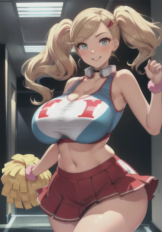 (masterpiece:1.2, best quality:1.2, beautiful, high quality, highres:1.1, aesthetic), detailed, extremely detailed, ambient soft lighting, 4K, perfect eyes, perfect face, perfect lighting, 1girl, solo, takamaki anne, twin tails, blonde hair huge ass, huge breasts, huge thighs, narrow waist, wide hips, thick thighs, curvy,  hands in the air, jumping, pompoms, cheerleader, cheerleader outfit, mini skirt, exposed midriff, underboob, bouncing breasts, collar,blushing,sweating, (breathing hard), (panting), anime, school hallway, smile,