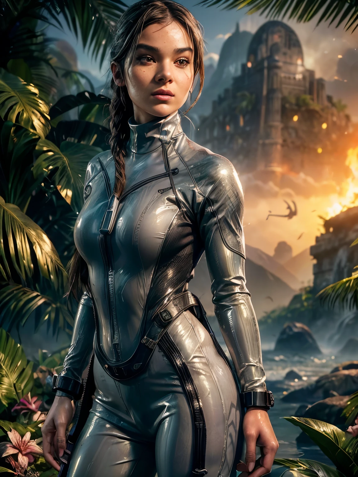 arafed woman as Lara Croft Tomb Raider,(wearing a grey silver pvc turtleneck wetsuit:1.3), posing in an ancient Mayan lagoon, jungle plants, jungle flowers, raging fires in background, sunset setting, tropical birds in sky, wet skin, photoreal render,high contrast image, rendering by octane,zbrush。character design,realisticlying,unreal-engine,ultra - detailed,concept-art,trends in art station。 ((best quality)), ((masterpiece)), ((realistic)), (detailed), brown eyes, highly detailed skin and hair, looking at the viewer, Fantasy art,stunning gradient colors,detailed background,extremely detaile, tmasterpiece),HDR, front view,