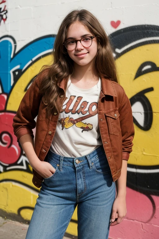 a candid photography session of a teenager in the 70s, with a carefree expression and bell-bottom jeans, shaggy brown hair falling over his forehead, glasses with thick frames, a striped t-shirt, a red bandana tied around his neck, wearisome leather boots, a denim jacket adorned with patches, holding a vintage Polaroid camera, standing in front of a graffiti-covered wall, with sun-kissed freckles, the sunlight filtering through the hair, embodying the spirit of the era.
