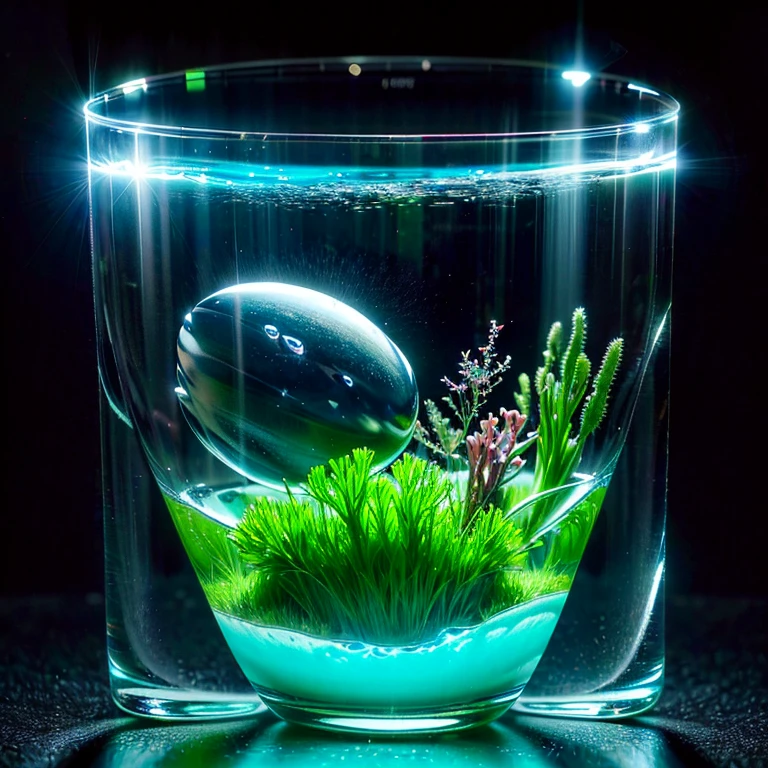 masterpiece, highest quality, Raw photo, The underwater world in a glass vessel, Crystal clear water, (transparency:1.3), Fantasy, charm, Quietness, Lonely, A strong light illuminating the ocean floor from the front, reflection, diffusion, GLOW, Shot from directly above, 