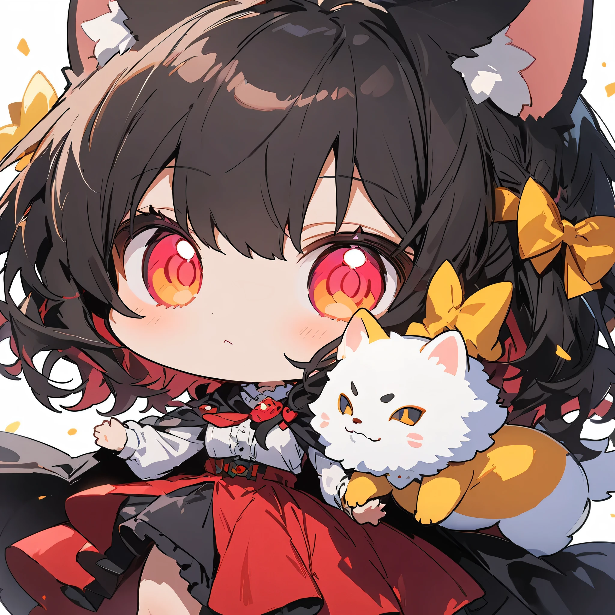 masterpiece, highest quality, Very detailed, figure, One girl, Long black hair, eyes bright red, Wolf Ears, Black Cape, Fluffy collar, morning、(Chibi Character:1.6)、(highest quality、masterpiece、High resolution、detailed)、anime style、Flat Style、(Shining Eyes、Beautiful Face), BREAK、extremely detailed、High saturation,Dynamic Angle、anime