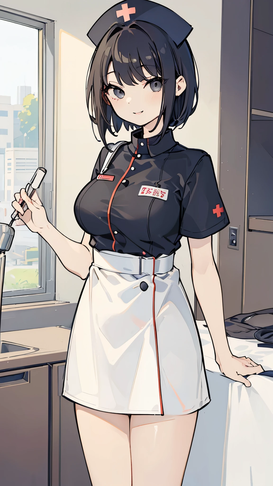 ((masterpiece、highest quality、Super detailed))、One girl、Black Hair、short hair、Grey Eyes、smile、Large Breasts、Nurse cap、((nurse))、Short sleeve、((miniskirt))、Cowboy Shot、(Simple Background:0.3), (Round eyes:0.7)