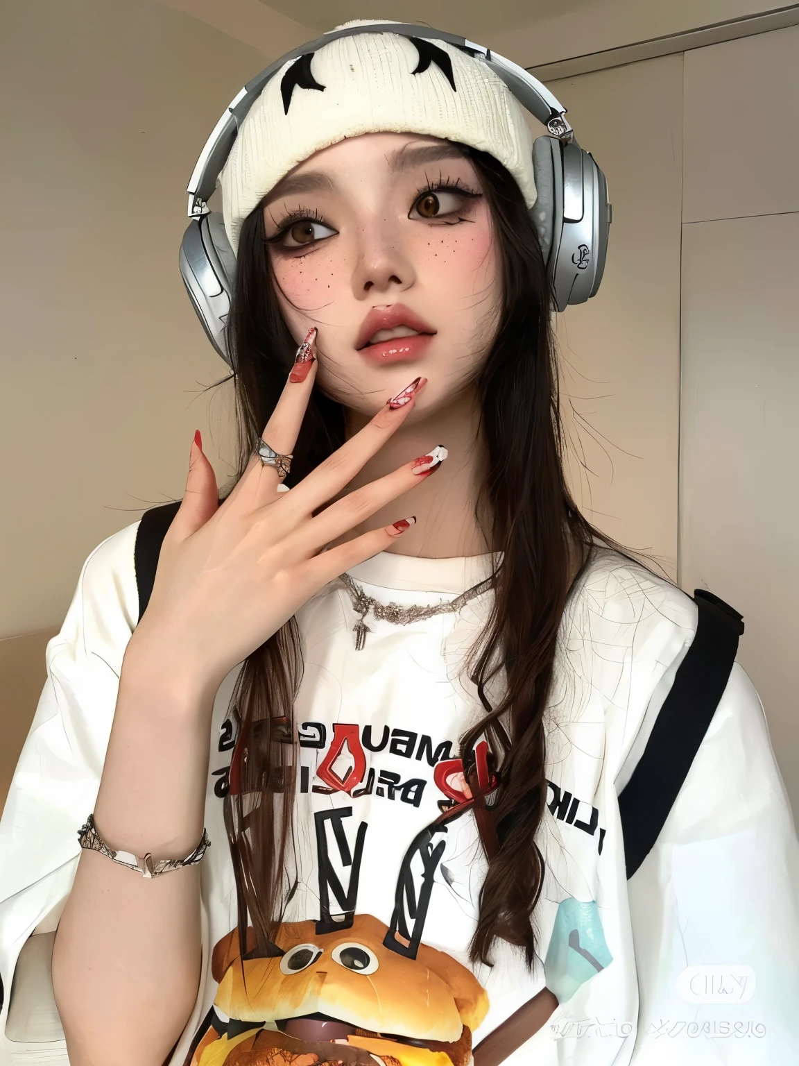 mujer arafed con auriculares y una camisa blanca con una hamburguesa, ulzzang, vibraciones de anime, cruel korean gothic girl, inspirado en anime, e-chica, and - girl, lofi girl aesthetic, ella lleva ropa de calle, gothic girl aesthetic, chica con orejas de gato, con pelo largo y ojos penetrantes, chica anime en la vida real, bella delfina
