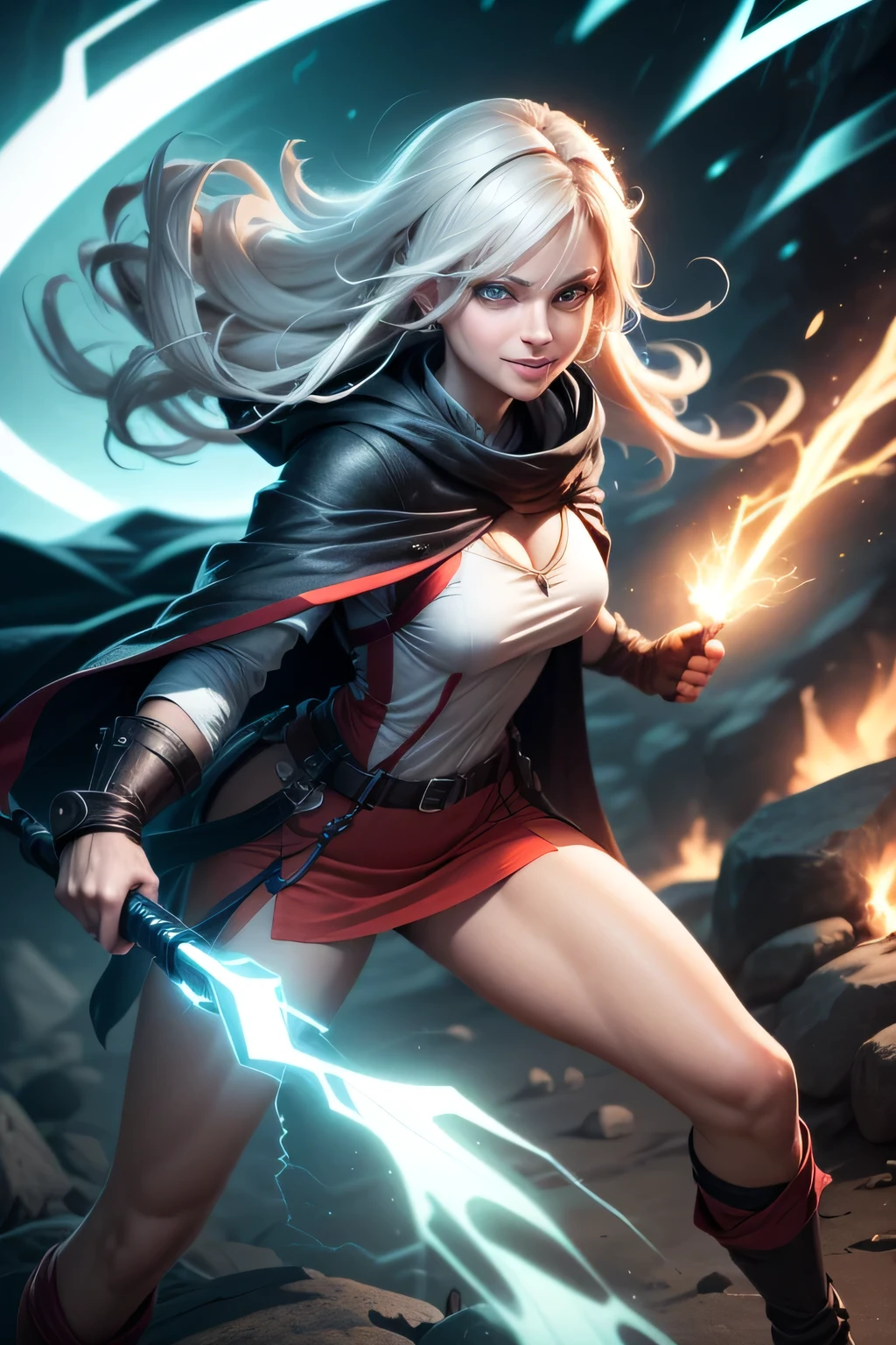 a serious woman, smiling and on a hiking journey to find the biggest flashlight in the world. long hair with a magical ability. lightning weapons and a metal lightning bolt hair piece, flashlight, woman, dynamic pose, white hair, white eyes, black sclera, Cloak, combat stance, creative behavior, Dynamic lighting, ultrasharp, carrying a light, and a flashlight in both hands, Electrified aura