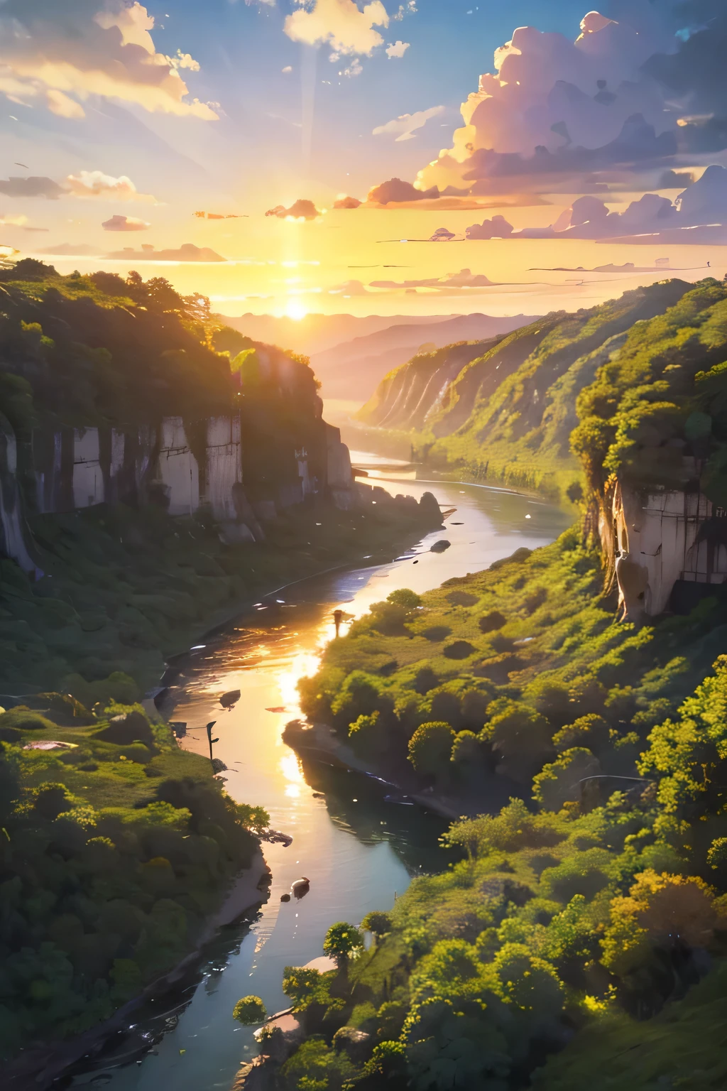 ((best quality)), ((artwork)), (detailed), sunset, green, Aerial view of tropical forest and river 3d landscape illustration of climate and nature concept
