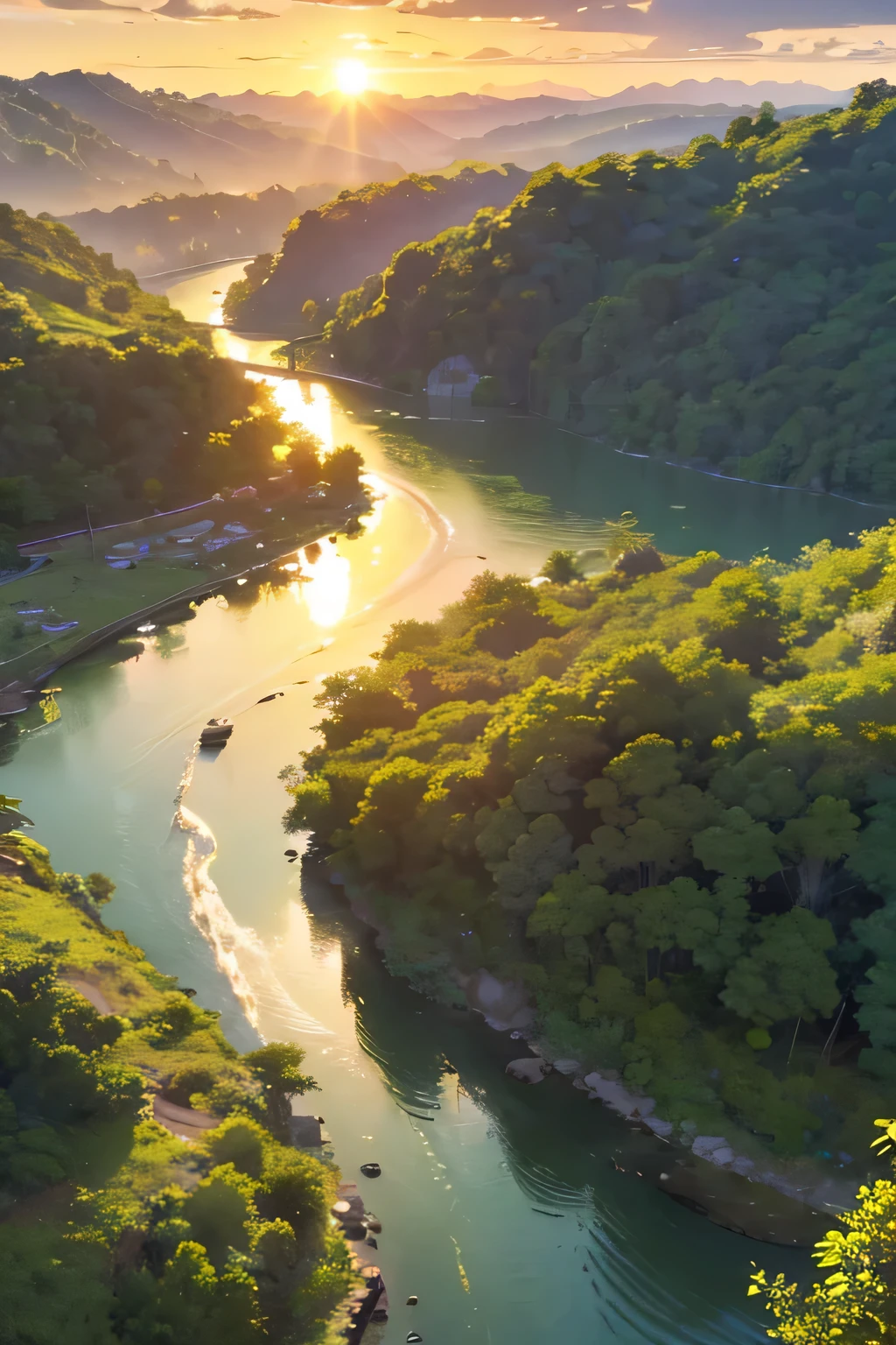 ((best quality)), ((artwork)), (detailed), sunset, green, Aerial view of tropical forest and river 3d landscape illustration of climate and nature concept
