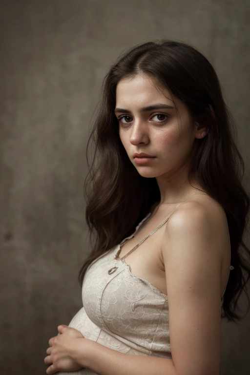 A heartbreaking composition of a young woman, age 25, Alone, with expressionist, wistful eyes, long, dark brown hair, cascading down her shoulders, framing her face in sadness. Just wanted to love her and nothing more, her gaze fixed on the viewer. The digital painting captures the intensity and brooding dark tones of her emotional state, leaving an indelible and haunting impression on the psyche. The high-quality image is pregnant with dramatic and gloomy undertones, the tragic expression on her face etched with intense lines and creases. Her dress, a mere suggestion of form, is torn and worn, adding to the overall aura of sadness