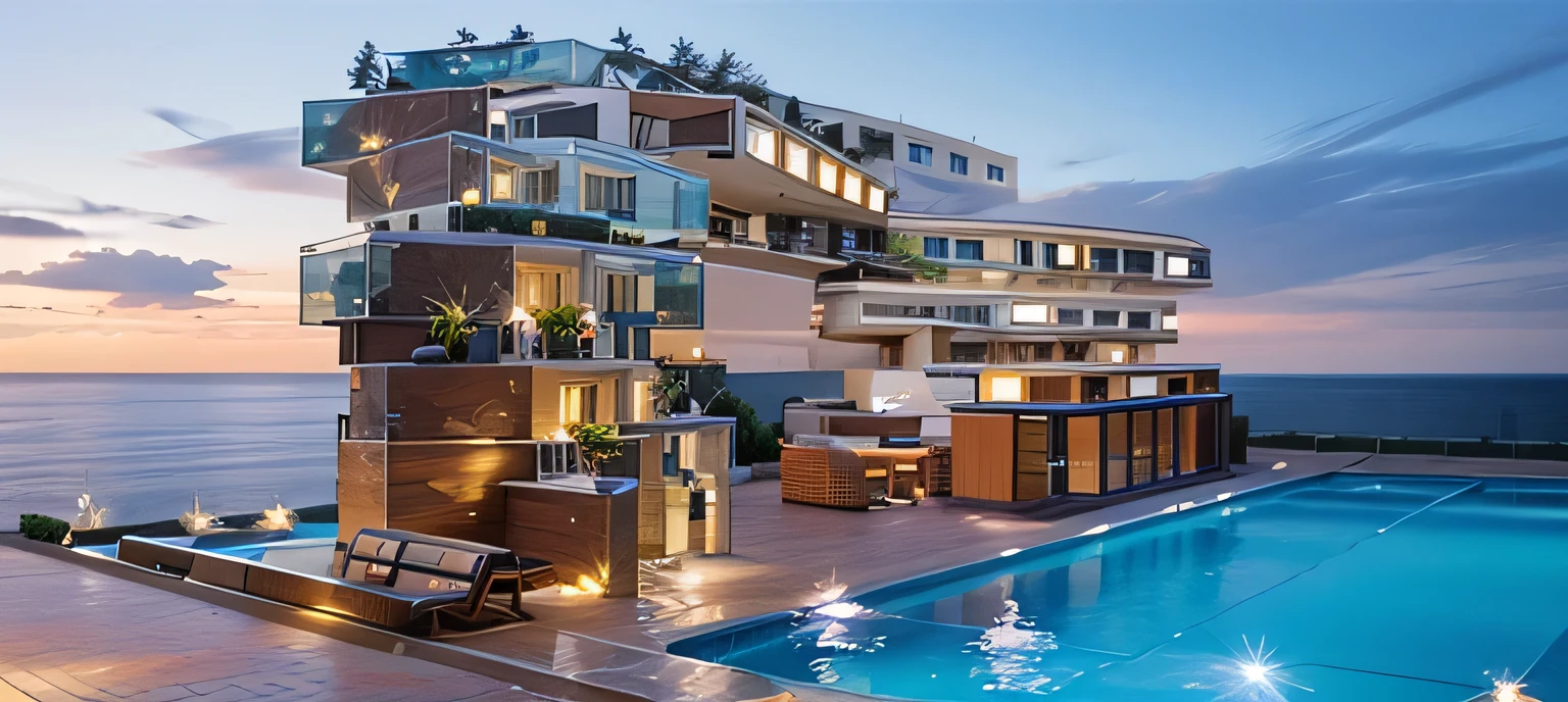 render, hotel, Glass, light, stone, pool, street,