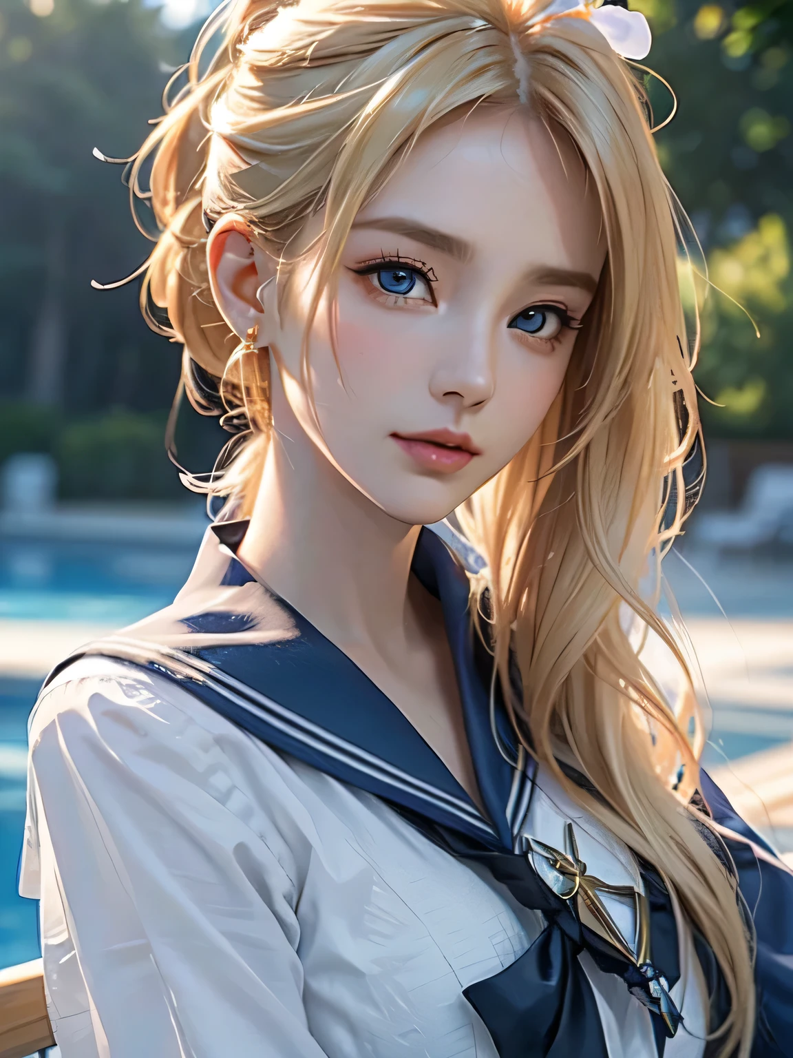 masterpiece, 最high quality, high quality, High resolution, High quality texture, high qualityの影, Attention to detail, Beautiful details, In detail, Highly detailed CG, Detailed Texture, a Realistic representation of the face, Realistic, colorful, delicate, Cinematic Light, Side light, Lens flare, Ray Tracing, Sharp focus, (Intricate details, compensate, Purelos Face_v1:0.5), (detailed beautiful delicate face, detailed beautiful delicate eyes, Perfectly balanced face, Attention to detailed skin, Detailed skin, The optimal ratio is four fingers to one thumb, Upper Body Shot,  (Large Breasts), (Cleavage),  ((Smooth texture, Realistic texture, PhotoRealistic)),  (Beautiful eyes in every detail, Beautiful eyelashes, Emerald Eyes), (Blonde semi-long hair, ponytail), 1 female,  By the pool,  (((Sailor shirt, No sleeve, Open Front))),   (Beautiful Face, Cute face, Detailed face),   (((sunny))), Perfect Eyes Eyes
