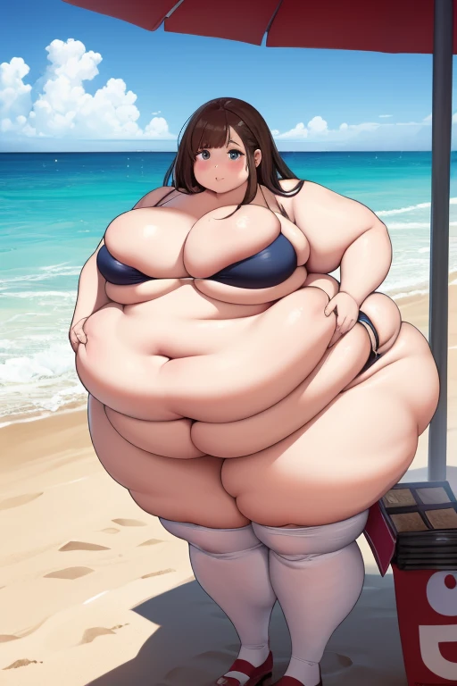 brownhaired, ssbbw, fat, chubby, 400kg, ultra heavy girl, she eat more fastfood, too tight bikini, beach