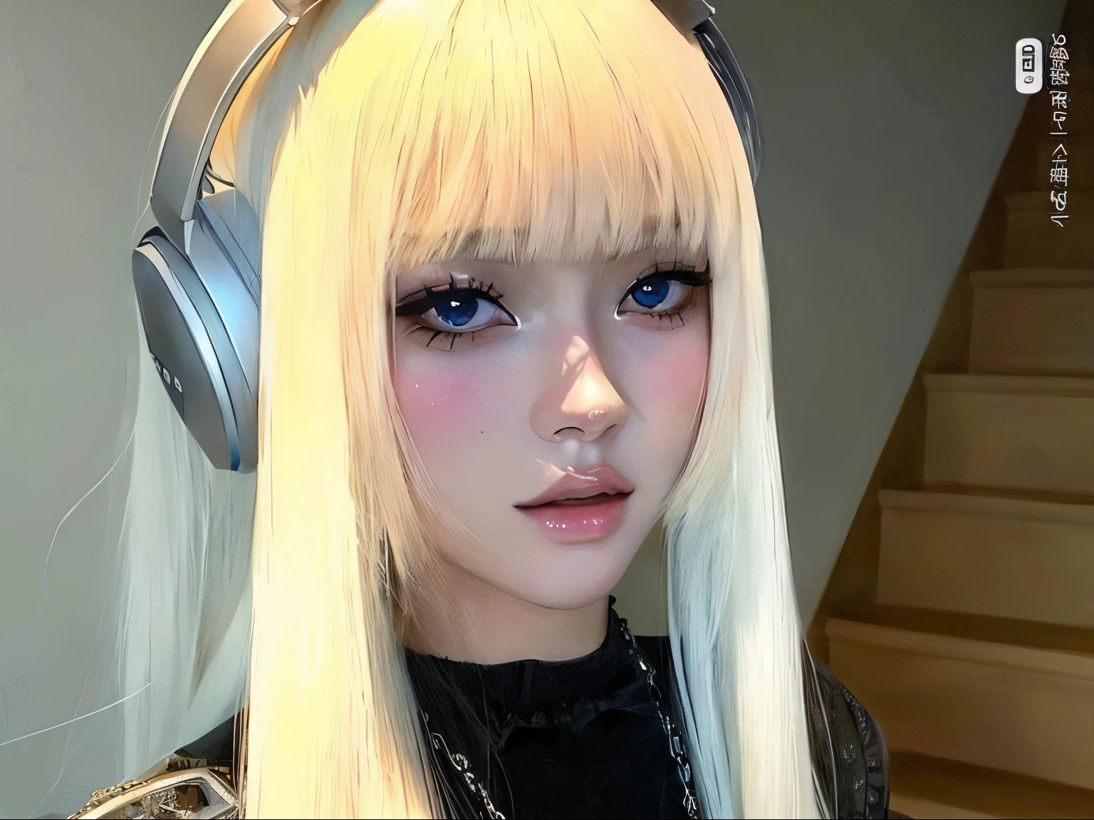 chica de pelo rubio con auriculares y un top negro, bella delfina, chica anime en la vida real, retrato realista kawaii, peinado de corte hime blanco, perfect android girl, hyper anime realista, flequillo blanco, Lalisa Manobal, inspirado en anime, vibraciones de anime, cabello rubio y ojos grandes, Kerli Koiv como chica anime, el corte de hime, anime realista