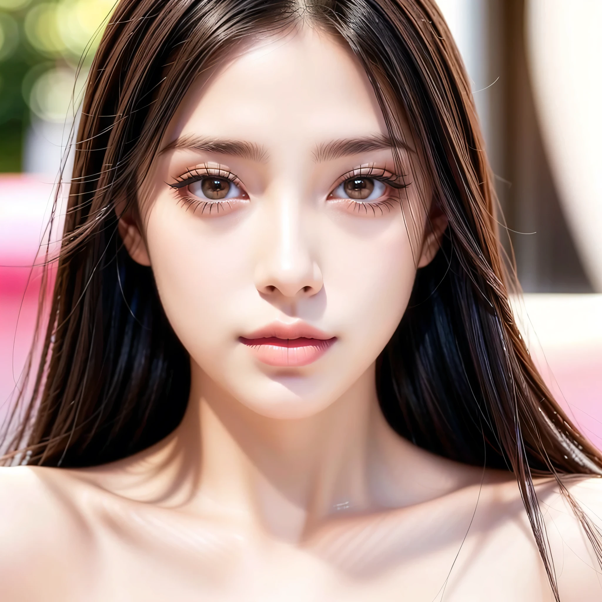 Beautiful brunette model with brown eyes, super realistic eyes, perfect eyes, perfect iris, perfect lips, Close-up of her face, Velvety skin. Looks mesmerising. Pink lipstick on her lips. Long eyelashes, (shot above the shoulders)