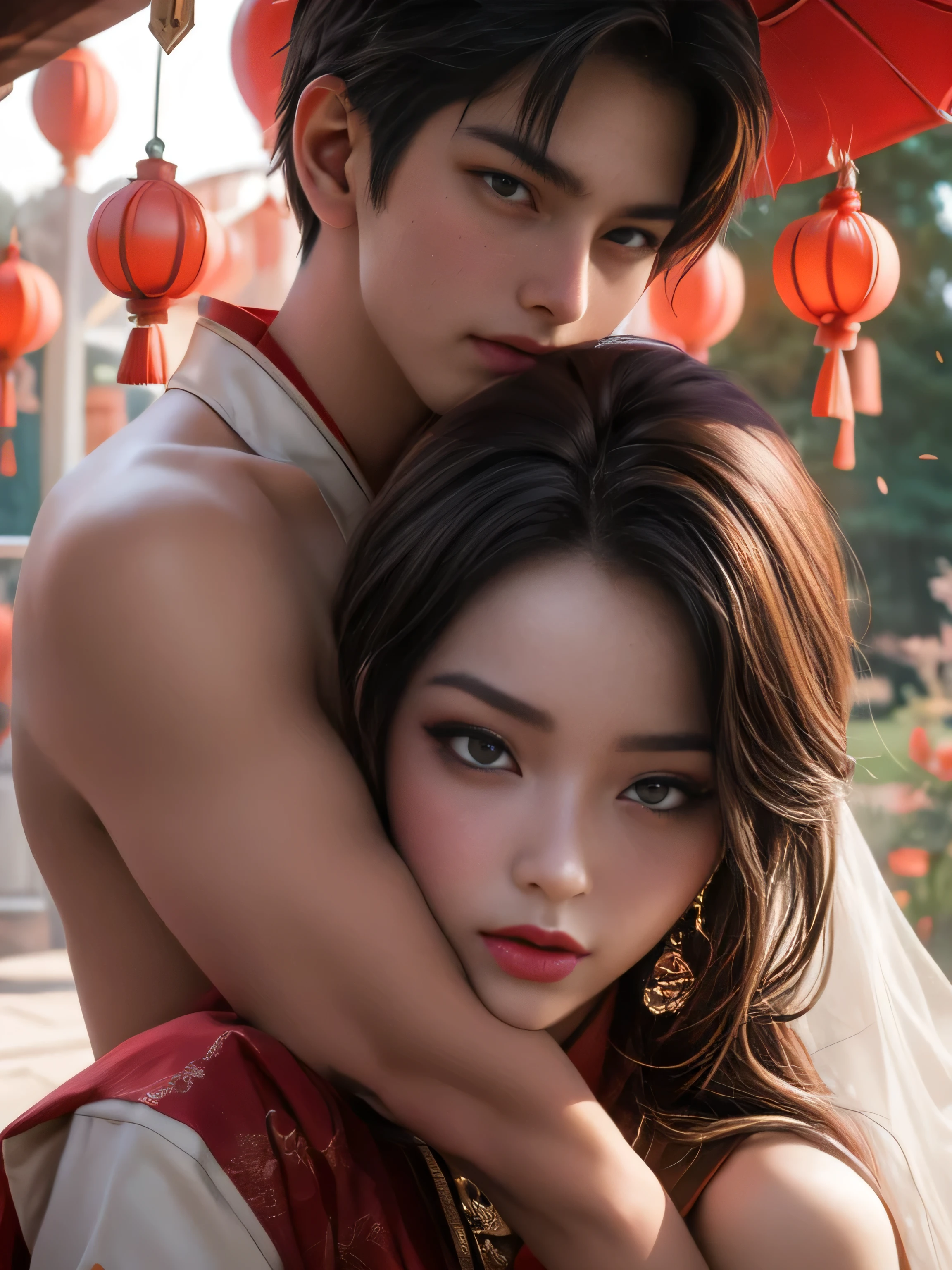arafed image of a couple of asian man and woman hugging each other in Peach Garden, in wedding clothes, Peach Garden detailed background, xianxia fantasy, jingna zhang, game cg, wuxia, inspired by Chen Yifei, xianxia, xianxia hero, 2.5 d cgi anime fantasy artwork, heise jinyao, chinese fantasy, beautiful render of tang dynasty, heise-lian yan fang, (perfect full face:1.5), (high detail:1.1), detailed character, detailed eyes, detailed hands, detailed fingernails, 4k best quality, 8k character details, high quality anime art, high quality illustration, detailed anime wallpapers, detailed anime art, hyper-realistic, elegant, high quality realistic anime art