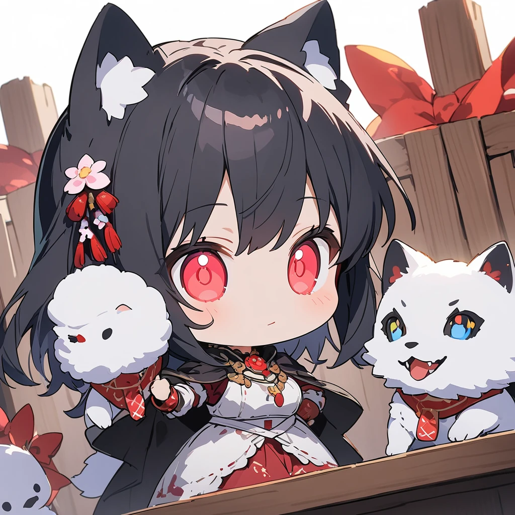 masterpiece, highest quality, 非常にdetailedな, figure, One girl, Long black hair, eyes bright red, Wolf Ears, Black Cape, Fluffy collar, morning、(Chibi Character:1.6)、(highest quality、masterpiece、High resolution、detailed)、animeスタイル、Flat Style、(Shining Eyes、detailed美しい顔), BREAK、extremely detailed、High saturation,Dynamic Angle、anime
