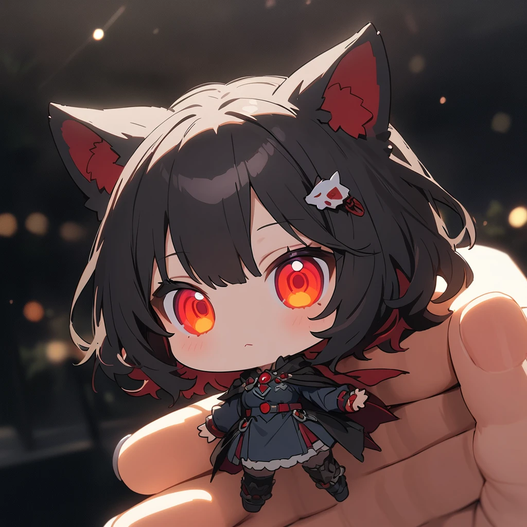 masterpiece, highest quality, 非常にdetailedな, figure, One girl, Long black hair, eyes bright red, Wolf Ears, Black Cape, Fluffy collar, morning、(Chibi Character:1.6)、(highest quality、masterpiece、High resolution、detailed)、animeスタイル、Flat Style、(Shining Eyes、detailed美しい顔), BREAK、extremely detailed、High saturation,Dynamic Angle、anime