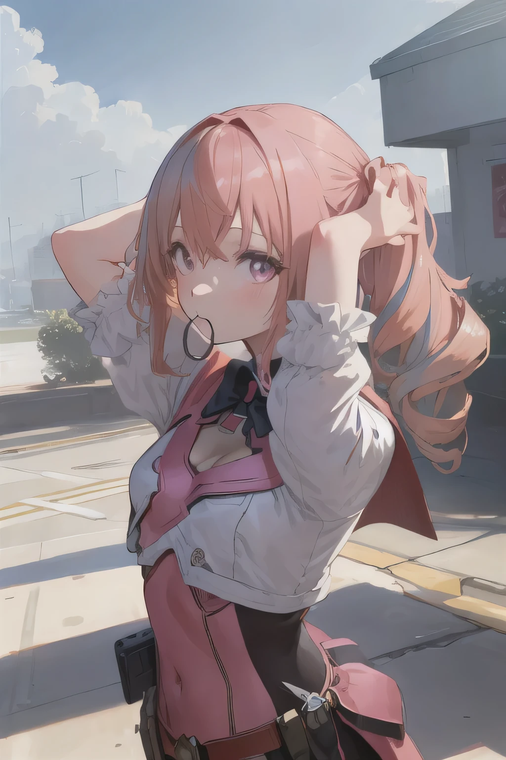 ((((Super Illustration Style:1.0)))),highest quality,Best Anime,masterpiece,Ray Tracing, Global Illumination,Hair tie on mouth,One girl, alone, Upper Body, View your viewers, Outdoor ,Twin tails,Pink Hair