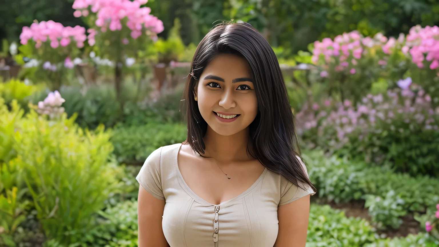 a perfect well-lit (closeup:1.15) (medium shot portrait:0.6) photograph of a beautiful woman in a flower garden, big breast, wearing a beige skirt outfit, black hair, indian face, looking to right side, mobile photography, coy slight smile