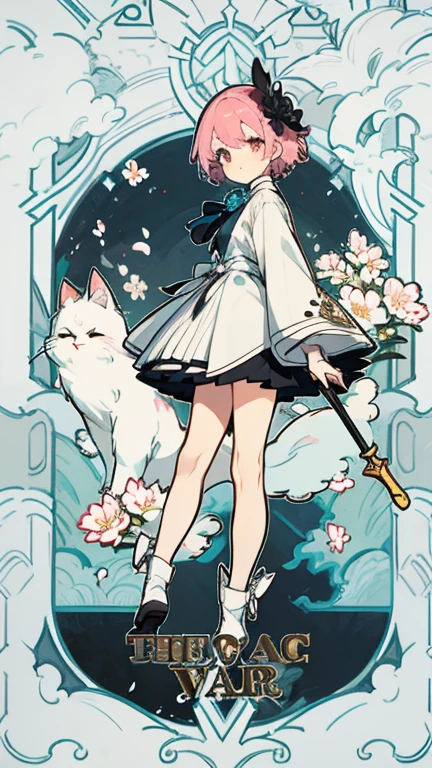 White clothes, Victorian style, British background, Three No, Cat-like pupils, Floral decoration, Delicateeyes,  whole body圖, figure, Standing image,elder sister, Smile, fair, fantastic, mystery，Designer ankle boots，Small white flowers，Blue gemstones，White eye mask，There are bandages on the legs，The skirt has a designer cut，Stockings。Pink Hair，short hair，Braiding，1 girl，whole body，figure设定图，Three views of charactermorpg，Magic Wand，Therapeutic Career，White clothes，Western Fantasy，Big black bow on head