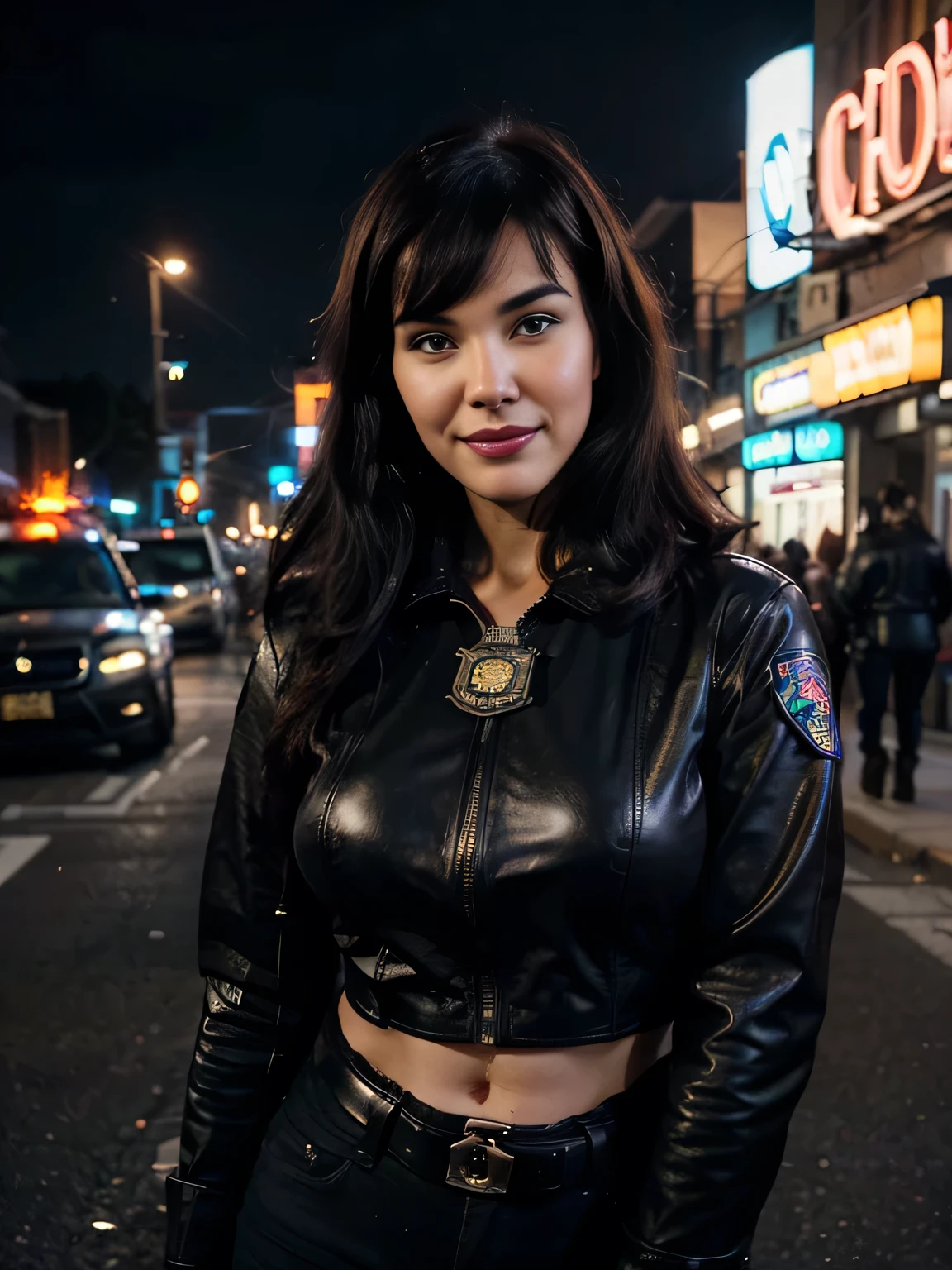 Portrait of natlp as a beautiful smiling Bettie page, beautiful face, with short dark brown hair, in cyberpunk city at night. She is wearing a leather jacket, black jeans, dramatic lighting, (police badge:1.2)