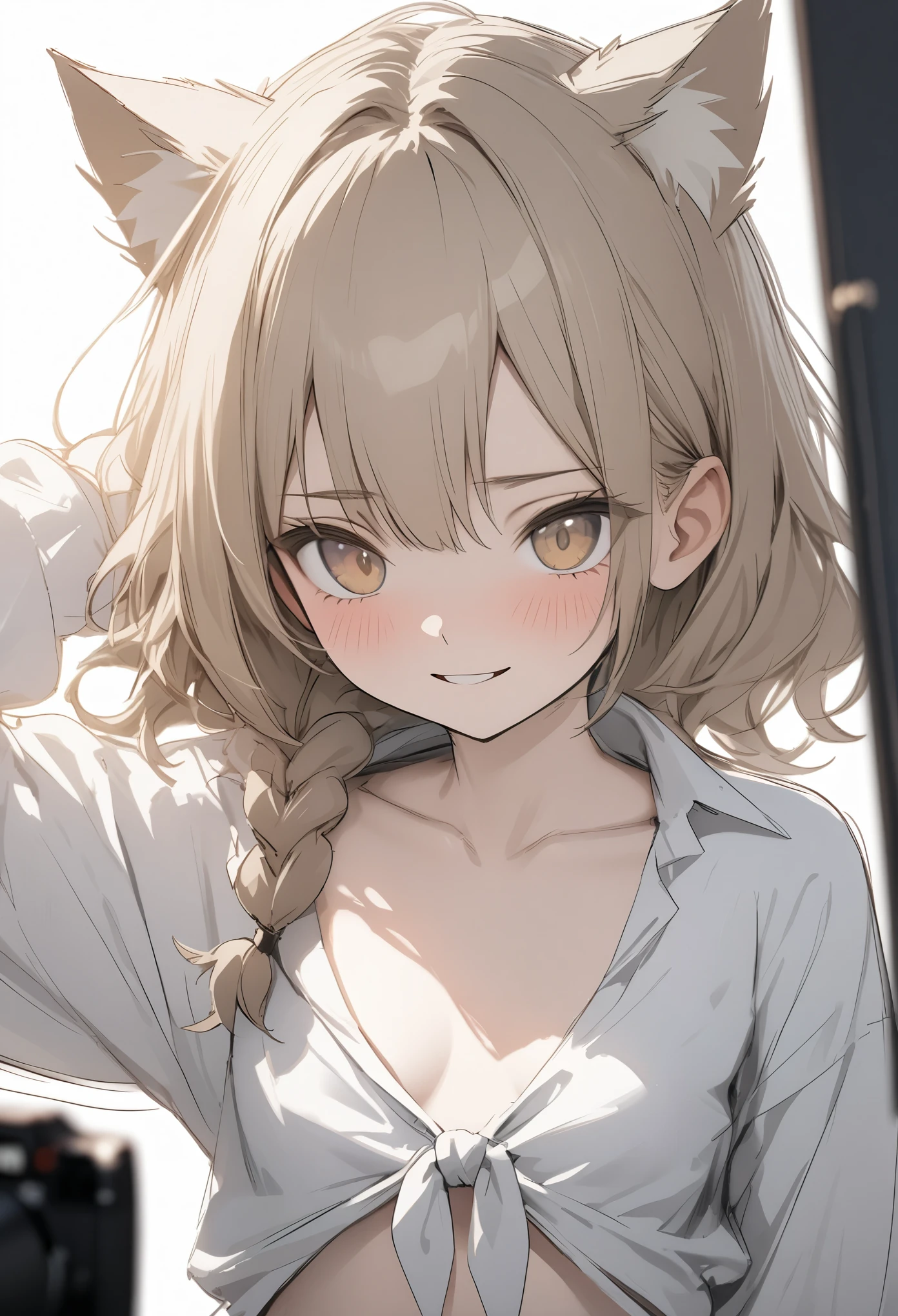 ((Masterpiece)), ((best quality)), (Rough sketch:1.4), super detail, (High Definition:1.3), (Professional Photography:1.3), ((12 years old)), 1girl, cinematic lighting, Textured skin, (cat ears), pale brown hair, messy medium hair, Cute Beautiful teenage girl, BREAK, ((best quality)), (ccurate), (front tied shirt:1.3), cleavage, exposed neck, no bra, (open necked white shirt), (exposed neck), slendar body, small breast, (short braided hair), (Wearing tutu skirt), evil smile, (Purple Unfocused eyes), beautiful collarbones, (slightly exposed stomach), BREAK, ((best quality)), arm up, (Beautiful and clear coastside),