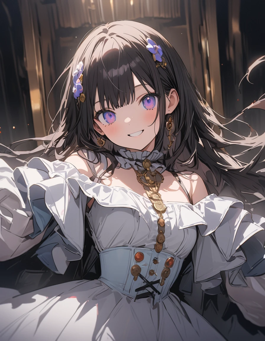 masterpiece, highest quality, 非常にdetailedな, figure, One girl, Smile lightly、Wink、There is a small mole under the eye、Charm Points、(The theme is avant-garde future fashion)、Frills、(steampunk:1.4)、Off the shoulder、fashion show、modernism、Impressionism、(Full Body)、Simple white background、(highest quality、masterpiece、High resolution、detailed)、animeスタイル、Flat Style、(eyes shining iridescent colors illuminated light, Delicate and beautiful face, ), BREAK、extremely detailed、High saturation,(The Shining), Best lighting, Best Shadow、Surrealism, Dynamic Angle、anime