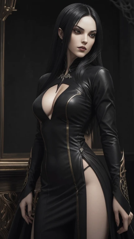 masterpiece, Ultra realistic, 16k, high quality, incredibly detailed, nightmare aesthetic, nightmare atmosphere, cinematic, work of art, (sharp focus: 1.5), (photorealistic: 1.3), featured (Beautiful girl), a captivating image of a vampire (girl) that combines allure and mystique. Tall and gorgeous, goth makeup. A vampire from within the confines of a dark gothic castle. Its appearance is both seductive and sinister, a seductive incarnation of the night. Long pale-obsidian Messy hair, framing her pale, alabaster skin that seems to glow ethereally. Her attire is gothic, a perfect fusion of dark allure and a figure-hugging silhouette that highlights her voluptuous form. Red eyes, her eyes are like red orbs of intense of sinister light. The vampire's sharp fangs, gleaming against his ivory complexion, hint at his predatory nature and his otherworldly beauty. realistic skin texture, pale-white skin illuminated. realistic perfect shading. absurdres, realistic textures. solo, alone, 1girl. tall. looking at viewer. female muscular body, toned body, defined muscles. realistic natural breasts, cleavage. pantyhose, (a black) darkness queen dress adorned in gold (realistic texture). standing, different positions at different angles. Night background. unbelievably real, best quality, Photorealistic.