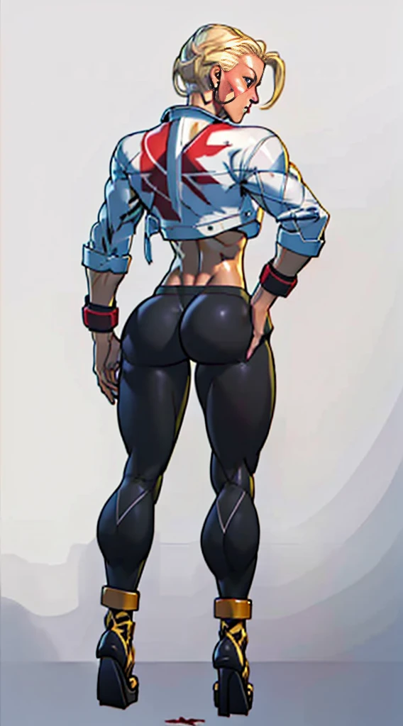 Drawing of cammy_white, cammy sf6,1girl, solo, bang, scar on cheek, blonde hair, blue eyes, short hair, (((Plain background:1.2))) (masterpiece, high quality:1.1) 1girl solo full body squatting looking to the viewer, view from below, hairstyle short bob hair cut with a braid, extra long hair, white silver hair, red eyes, HANDS ON HIPS (yellow tiger bikini print long sleeves and long stockings) (dark elf dark skin) (incredibly beautiful full body photo, standing, (((bright eyes))), good anatomy, perfect hand muscular legs))), thin waist, muscular abdomen, wearing black high heel shoes, (((with her back to me showing her big shapely ass to me)))