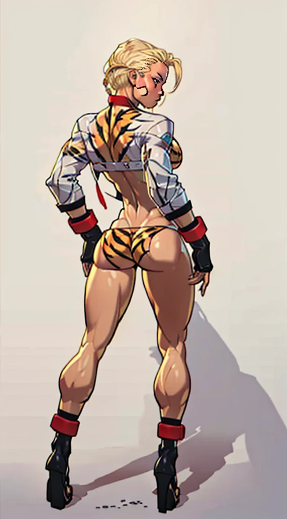 Drawing of cammy_white, cammy sf6,1girl, solo, bang, scar on cheek, blonde hair, blue eyes, short hair, (((Plain background:1.2))) (masterpiece, high quality:1.1) 1girl solo full body squatting looking to the viewer, view from below, hairstyle short bob hair cut with a braid, extra long hair, white silver hair, red eyes, HANDS ON HIPS (yellow tiger bikini print long sleeves and long stockings) (dark elf dark skin) (incredibly beautiful full body photo, standing, (((bright eyes))), good anatomy, perfect hand muscular legs))), thin waist, muscular abdomen, wearing black high heel shoes, (((with her back to me showing her big shapely ass to me)))