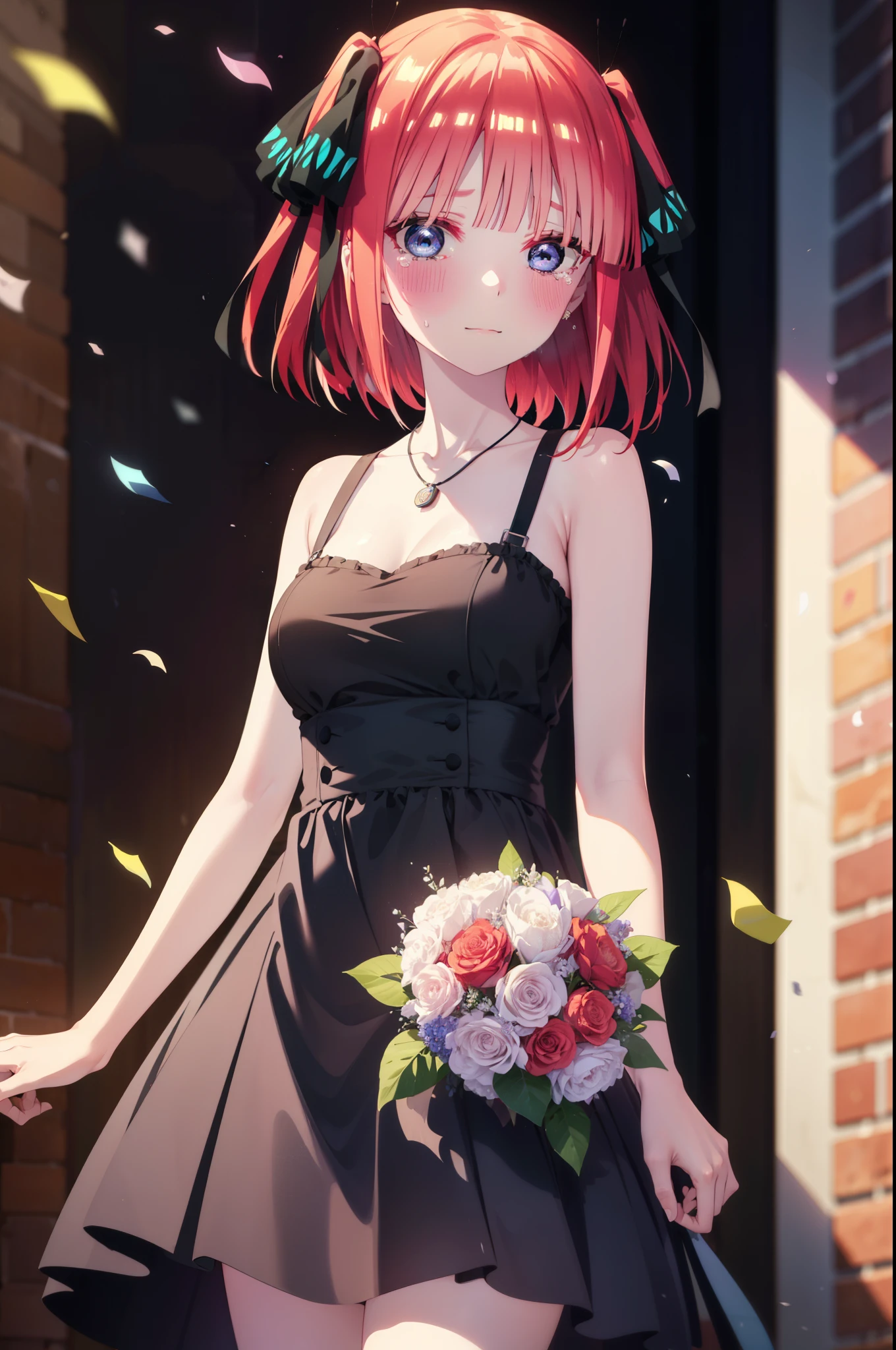 I was silent, Nino Nakano, short hair, bangs, blue eyes, hair ornaments, Hair Ribbon, Pink Hair, blunt bangs, Both sides up, butterfly hair ornaments,smile,blush,Black sleeveless dress,Long skirt,Black Pin Heels,Bare arms,Bare arms,Bare neck,bare clavicle,holding a large bouquet of flowers in each hand,Locket Necklace,Confetti,There is a birthday cake on the table,Tears stream down her face,Sad and crying,I cry a lot,It's as if your whole body is in the illustration.,
break indoors, on stage,venue,
break looking at viewer, (Cowboy Shot:1.5),
break (masterpiece:1.2), highest quality, High resolution, unity 8k wallpaper, (shape:0.8), (Beautiful details:1.6), Highly detailed face, Perfect lighting, Highly detailed CG, (Perfect hands, Perfect Anatomy),