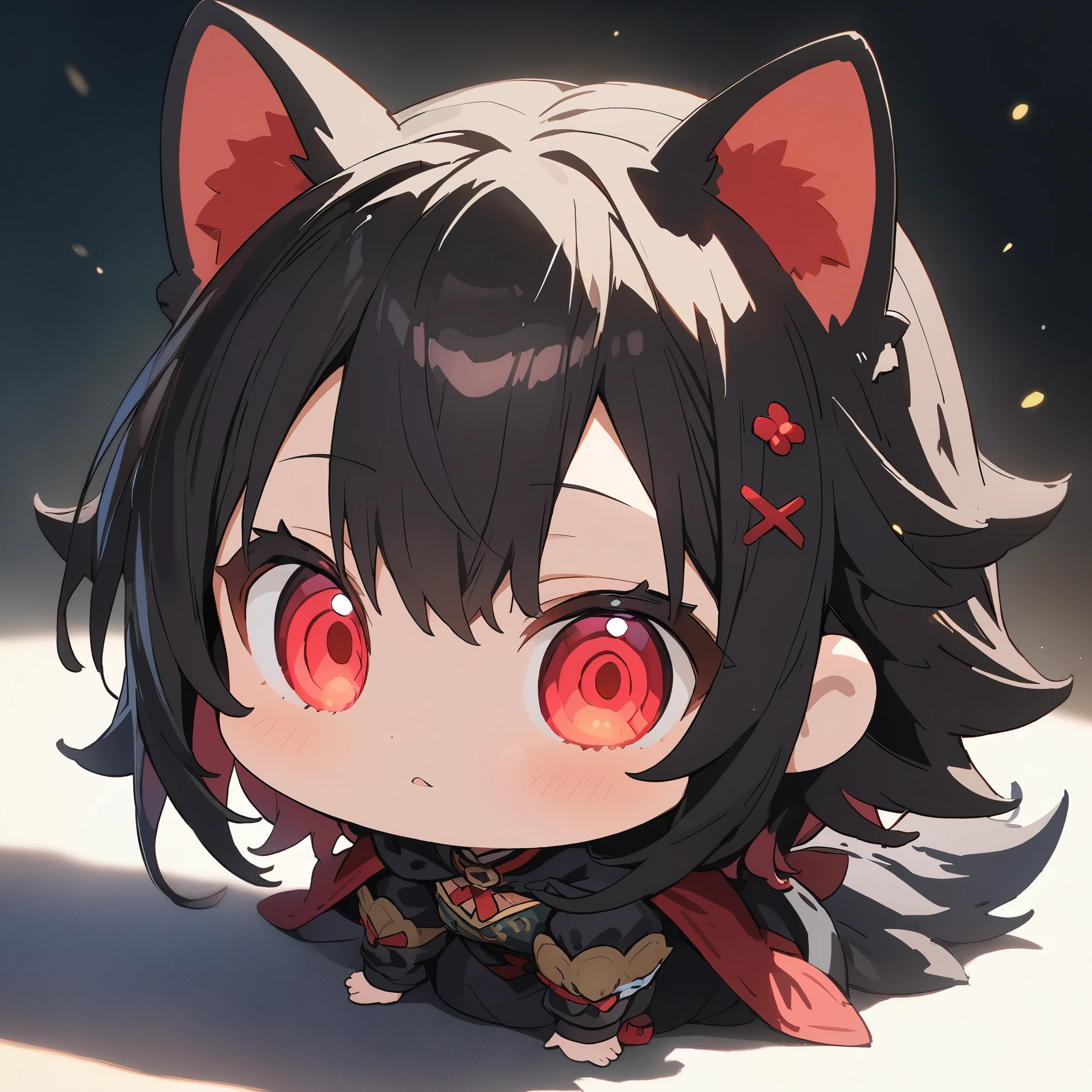 masterpiece, highest quality, 非常にdetailedな, figure, One girl, Long black hair, eyes bright red, Wolf Ears, Black Cape, Fluffy collar, morning、(Chibi Character:1.6)、(highest quality、masterpiece、High resolution、detailed)、animeスタイル、Flat Style、(Shining Eyes、detailed美しい顔),  BREAK、extremely detailed、High saturation,Dynamic Angle、anime