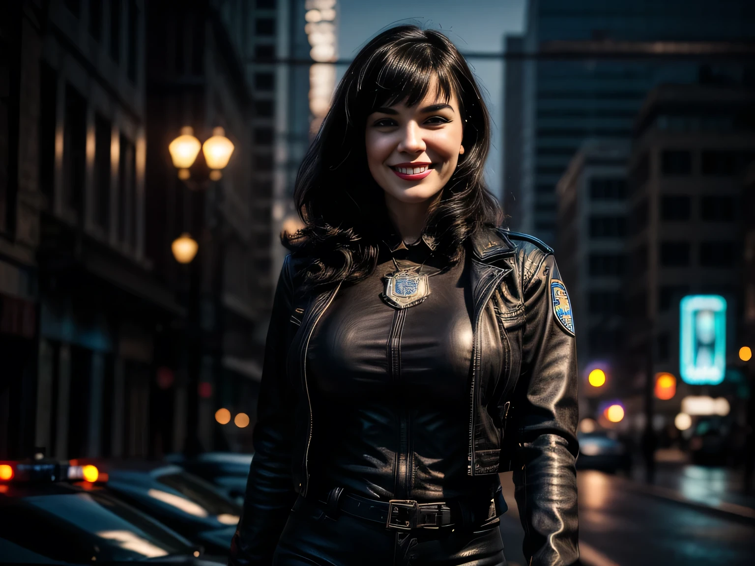 Portrait of natlp as a beautiful smiling Bettie page, beautiful face, with short dark brown hair, in cyberpunk city at night. She is wearing a leather jacket, black jeans, dramatic lighting, (police badge:1.2)