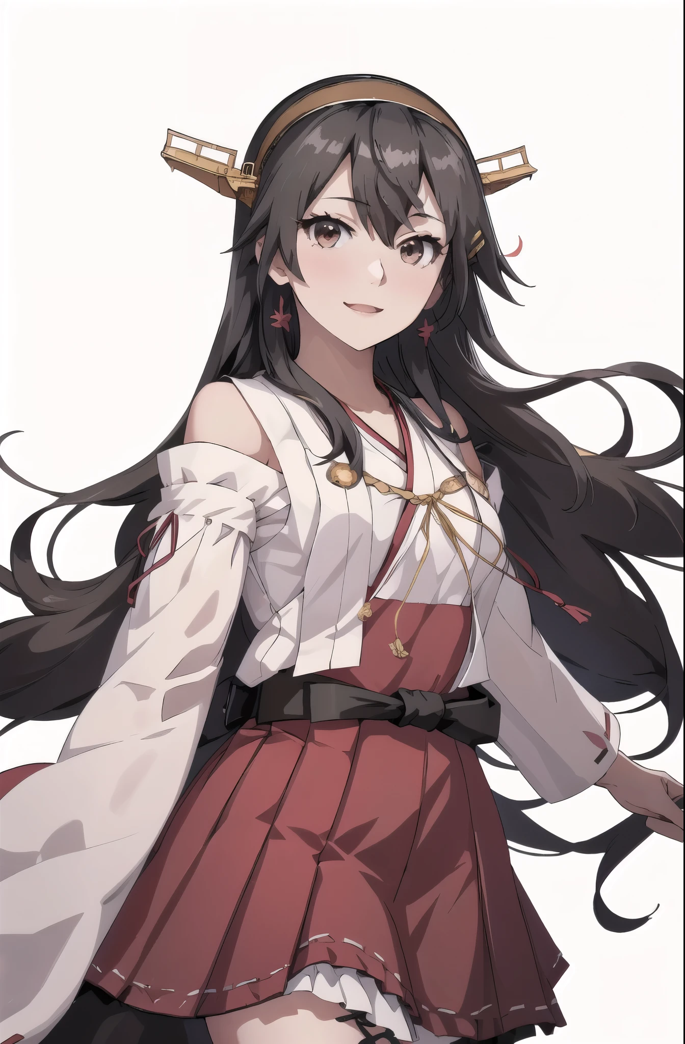 highest quality, masterpiece, High resolution, 一人in, {Aaron_Kantai Collection:1.15}, black_hair, length_hair, hair_ornament, hairband, Brown_eye, hairclip, red面, smile, headgear, chest, Non-traditional_Miko, hair_between_eye, One Girl, independent_sleeve, Japanese_Clothes, Looking_in_audience, red_skirt, ribbon-trimmed_sleeve, ribbon_trim, skirt, just_shoulder, Simple_background, white_background, Open_mouth, sarashi, wide_sleeve, ((オフィスbackground, リビングbackground))