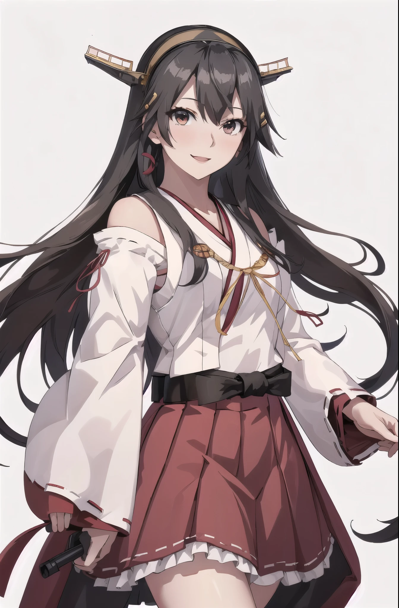 highest quality, masterpiece, High resolution, 一人in, {Aaron_Kantai Collection:1.15}, black_hair, length_hair, hair_ornament, hairband, Brown_eye, hairclip, red面, smile, headgear, chest, Non-traditional_Miko, hair_between_eye, One Girl, independent_sleeve, Japanese_Clothes, Looking_in_audience, red_skirt, ribbon-trimmed_sleeve, ribbon_trim, skirt, just_shoulder, Simple_background, white_background, Open_mouth, sarashi, wide_sleeve, ((オフィスbackground, リビングbackground))