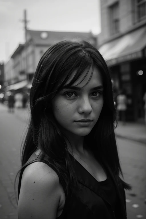 Portrait photography of young street girl with captivating eyes, long dark hair, fashionable clothing, staring into the camera, posing at street, film grain, depth of field, detailed photo, cinematic composed, monochrome, documentary photography, professional DSLR camera, natural lighting, street photography