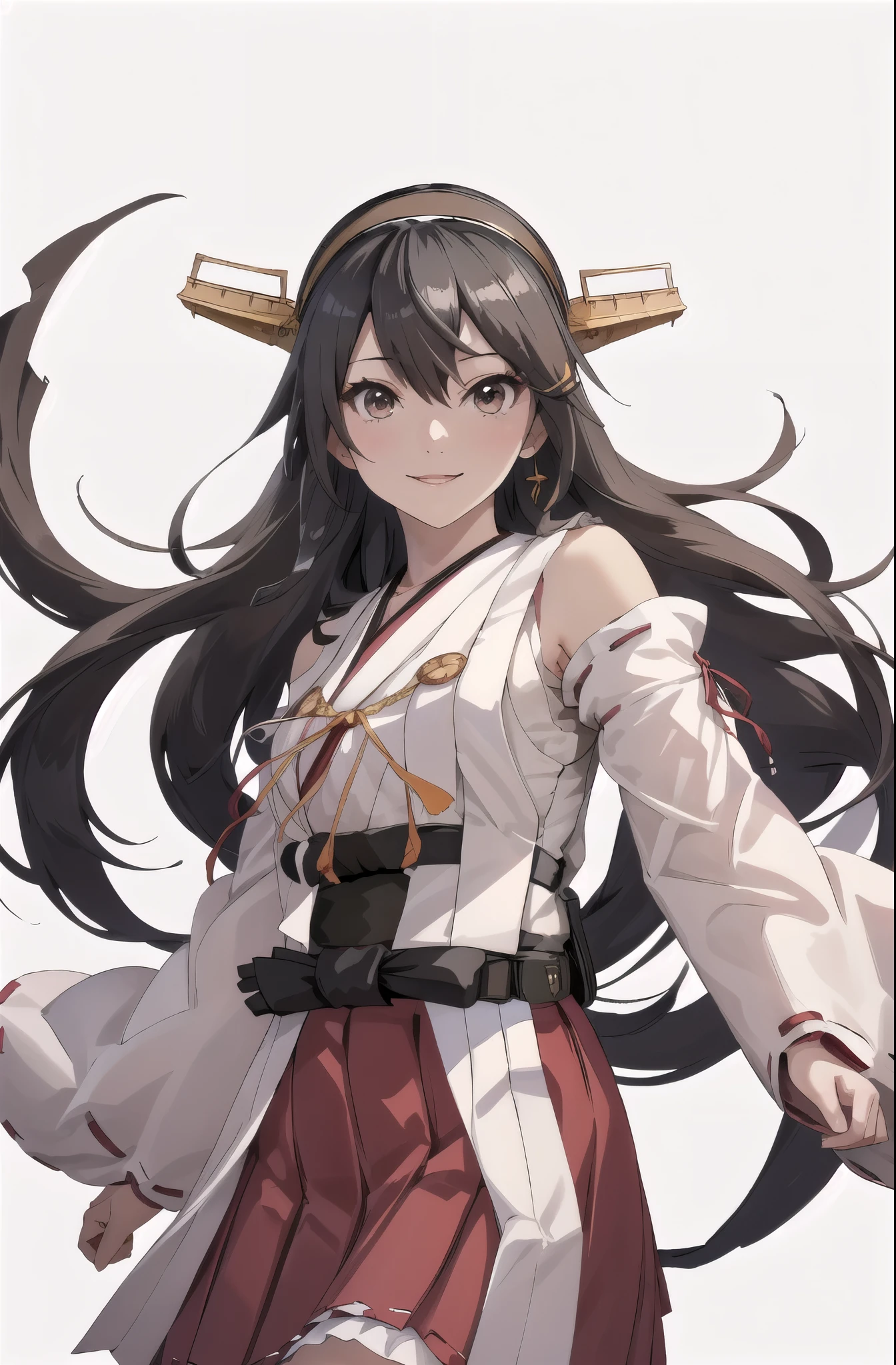 highest quality, masterpiece, High resolution, 一人in, {Aaron_Kantai Collection:1.15}, black_hair, length_hair, hair_ornament, hairband, Brown_eye, hairclip, red面, smile, headgear, chest, Non-traditional_Miko, hair_between_eye, One Girl, independent_sleeve, Japanese_Clothes, Looking_in_audience, red_skirt, ribbon-trimmed_sleeve, ribbon_trim, skirt, just_shoulder, Simple_background, white_background, Open_mouth, sarashi, wide_sleeve, ((オフィスbackground, リビングbackground))