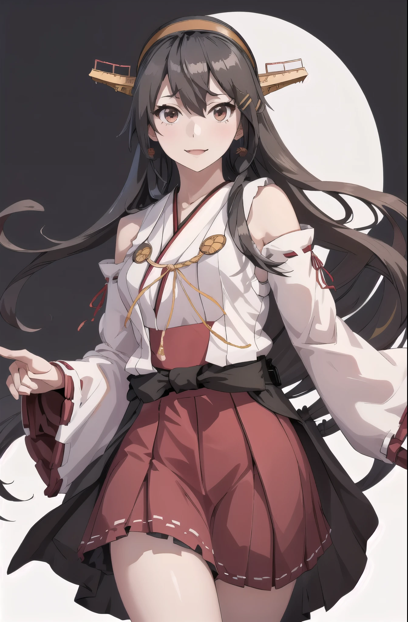 highest quality, masterpiece, High resolution, 一人in, {Aaron_Kantai Collection:1.15}, black_hair, length_hair, hair_ornament, hairband, Brown_eye, hairclip, red面, smile, headgear, chest, Non-traditional_Miko, hair_between_eye, One Girl, independent_sleeve, Japanese_Clothes, Looking_in_audience, red_skirt, ribbon-trimmed_sleeve, ribbon_trim, skirt, just_shoulder, Simple_background, white_background, Open_mouth, sarashi, wide_sleeve, ((オフィスbackground, リビングbackground))