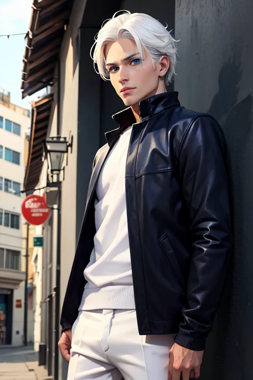 Hombre de cabello blanco y ojos azules, en mitad de un ciudad.