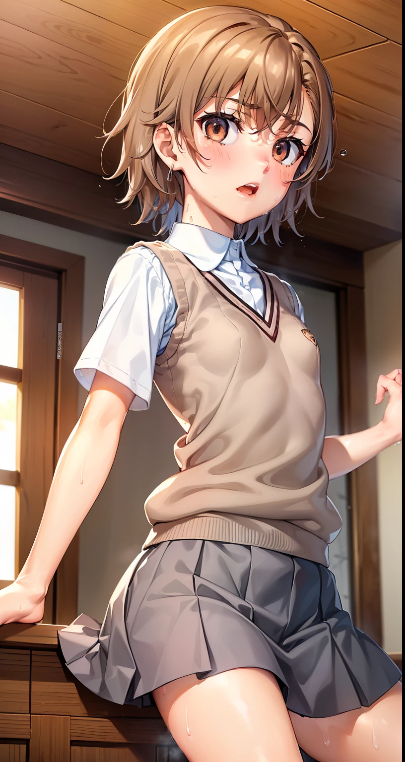 Smooth anime CG art、Focus Only、1 girl、View from the side、Upper Body、(((Grey Skirt)))、Sweater vest、Short sleeve、(((Small breasts)))、(((sweat)))、Semi-short hair、(((Sweaty)))、Watery eye、blush、(((Embarrassed look)))、((Open your mouth))、(((Are standing)))、(((Spread your legs)))、((indoor))