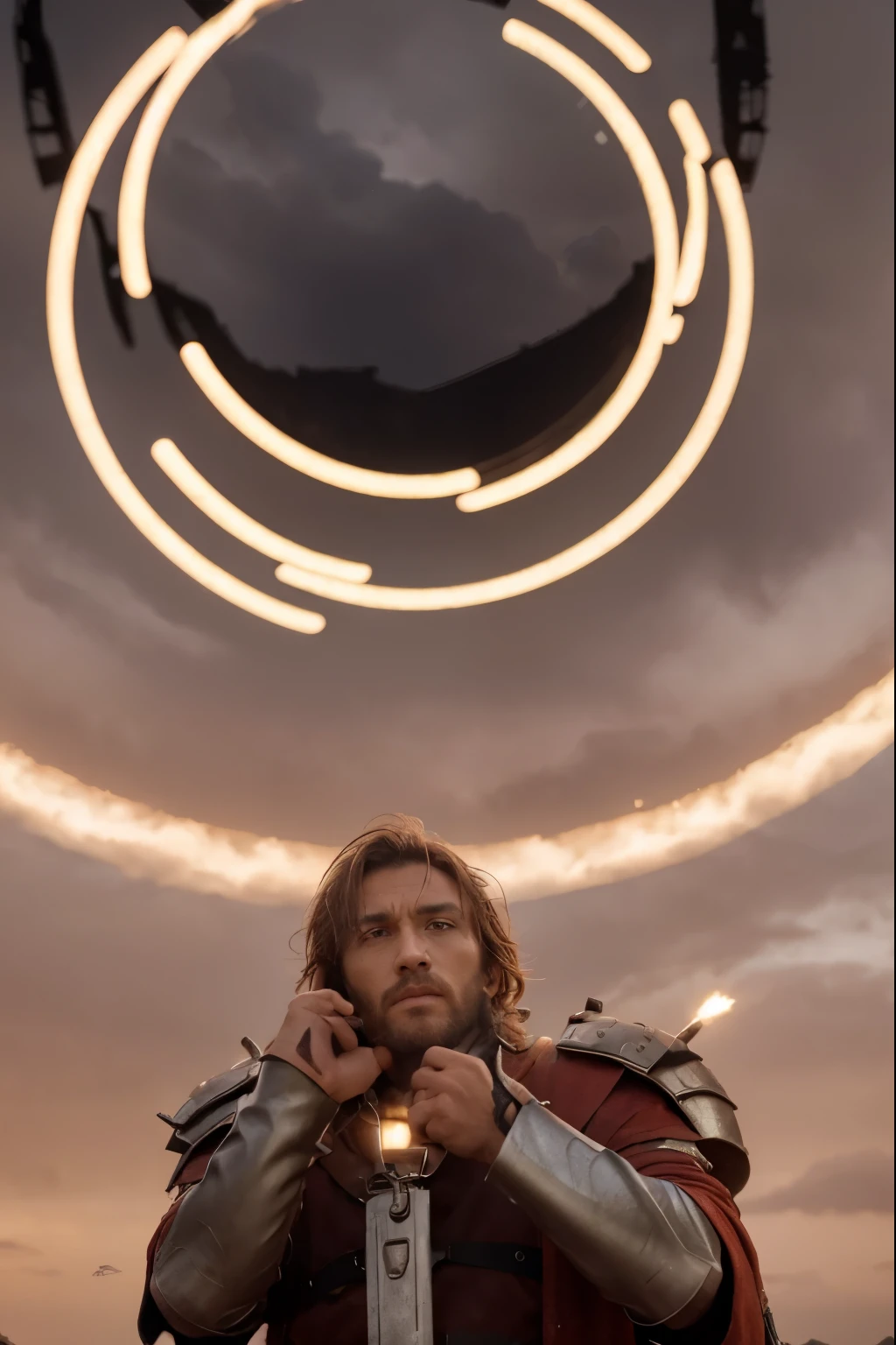 (Best quality, 8k, 32k, Masterpiece, UHD:1.2) "Transform the setting of the image into the 'Jeju Island Gate' from Solo Leveling. Show a towering gate surrounded by rugged terrain and ominous clouds overhead. Portray hunters gearing up for battle, their expressions determined as they prepare to confront the dangerous monsters lurking beyond the gate. Capture the tension and anticipation of the impending encounter, with hints of magic and mystery in the air."